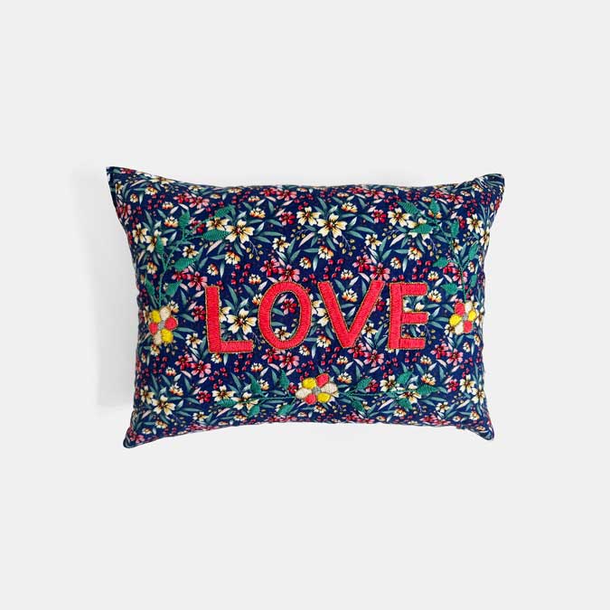 Love Blue Floral French Embroidered Pillow, lumbar