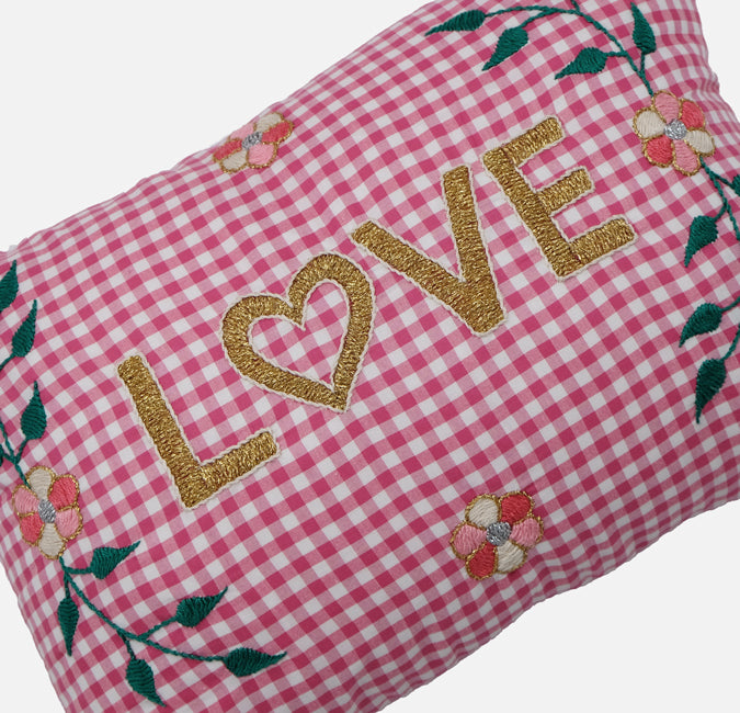 Love Pink Check French Embroidered Pillow, lumbar
