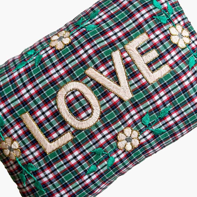 Love Green Plaid French Embroidered Pillow, lumbar