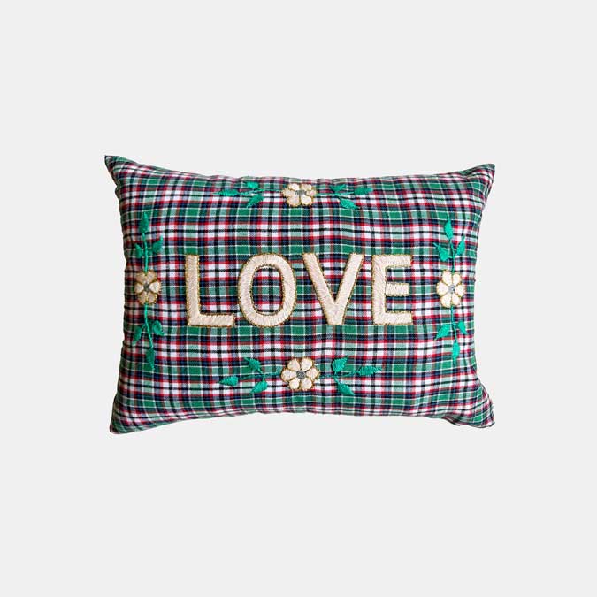 Love Green Plaid French Embroidered Pillow, lumbar
