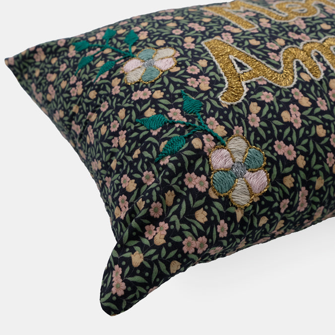 Mon Amour Dark Floral French Embroidered Pillow, lumbar