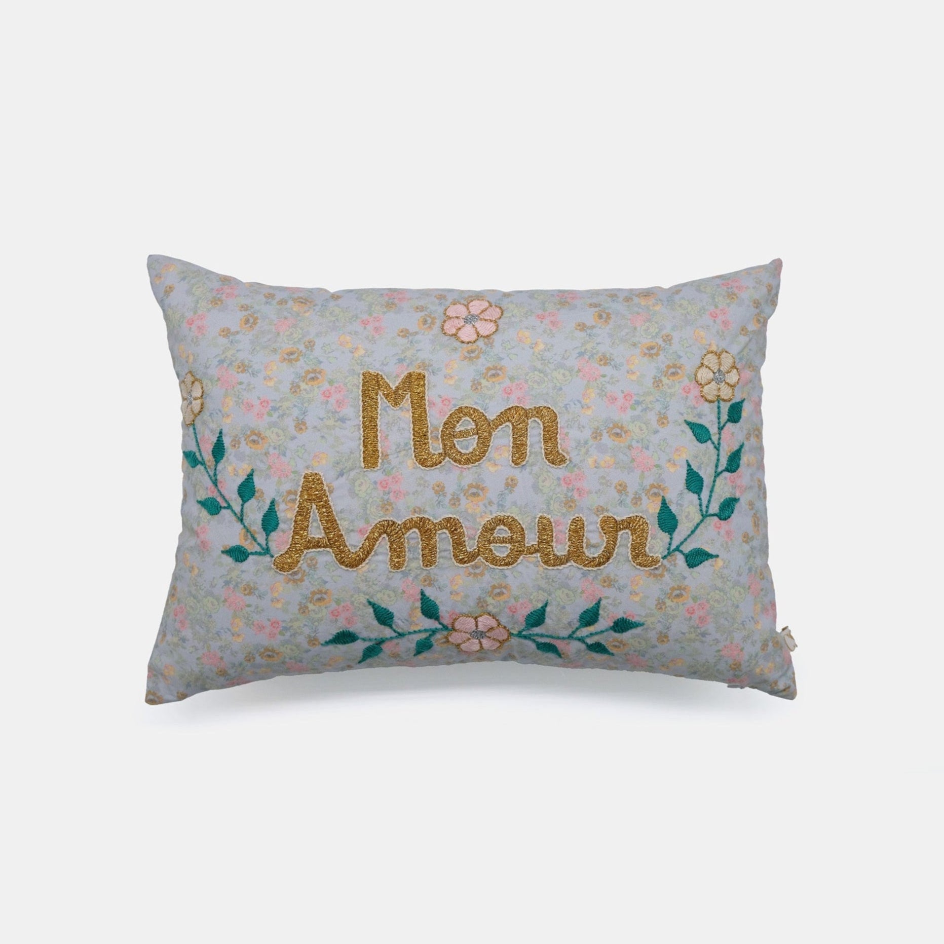 Mon Amour Grey Embroidered Lumbar Pillow