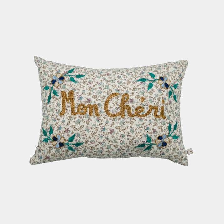 Mon Cheri White Flowers French Embroidered Pillow, lumbar