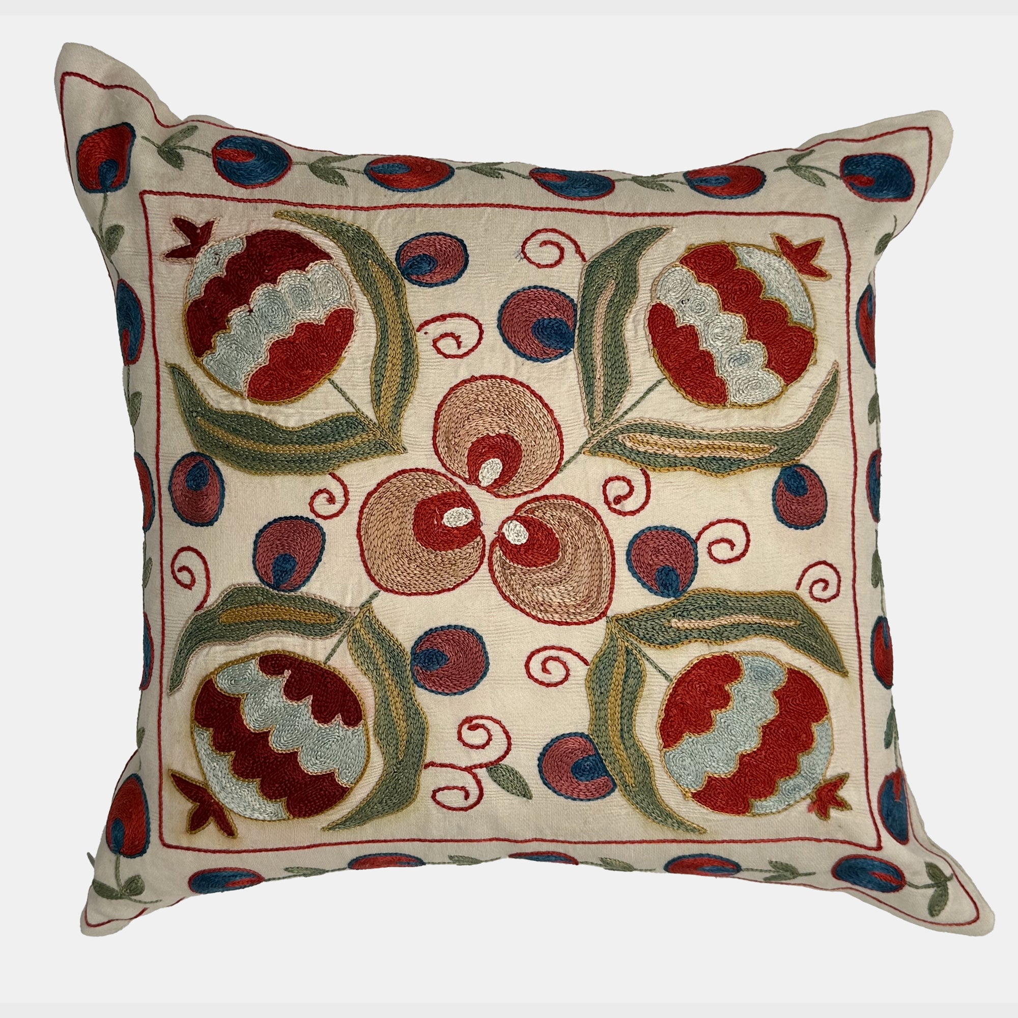 One of a Kind Peach Floral Suzani Pillow, square
