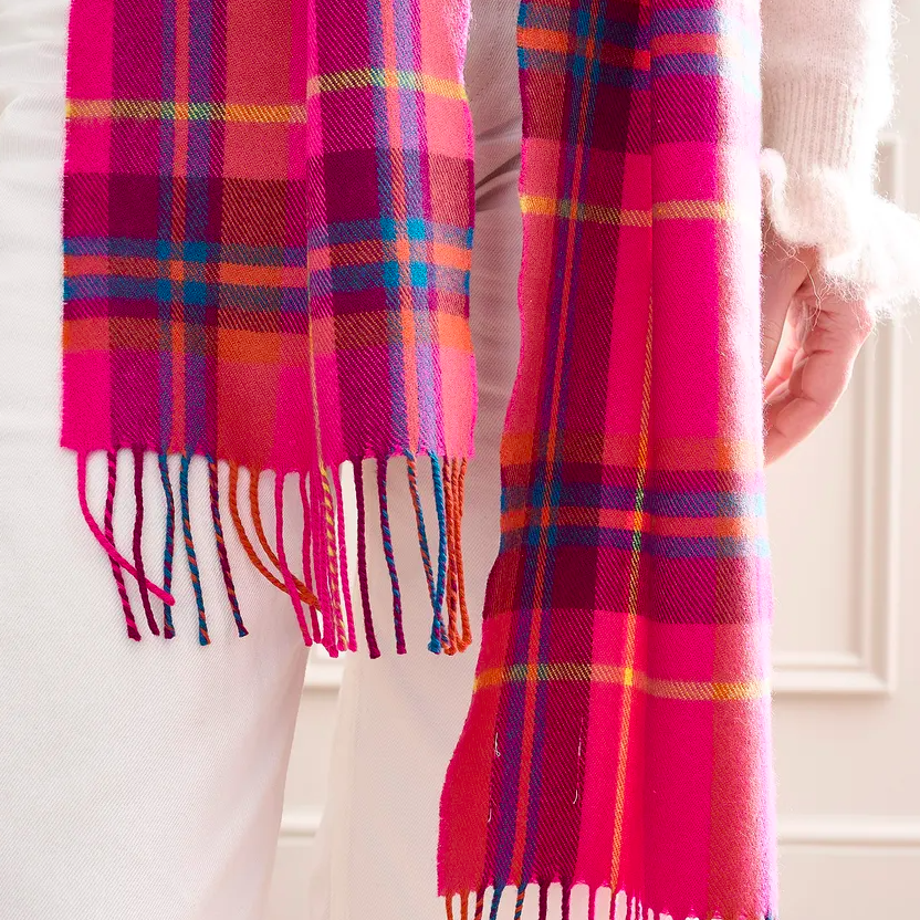 Hot Pink Check Narrow Merino Scarf