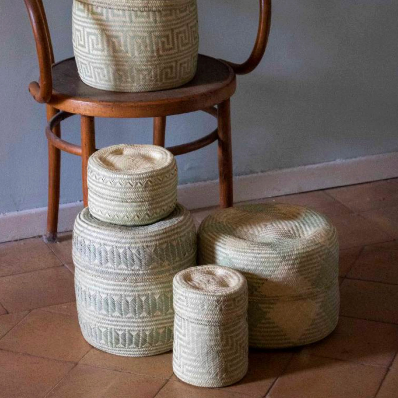 Light Green Lidded Basket in Small Wide
