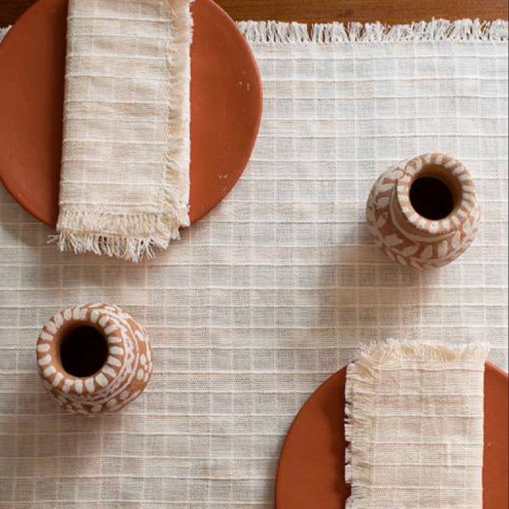 Handwoven Table Runner in Cream White Plaid