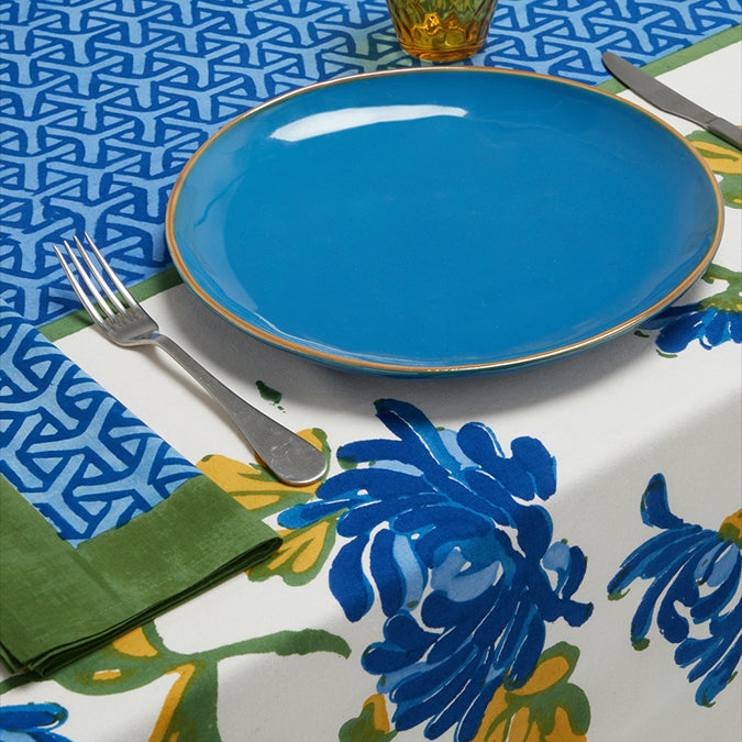 Lisa Corti Vienna Blue Cream Cotton Blockprint Tablecloth at Collyer&#39;s Mansion