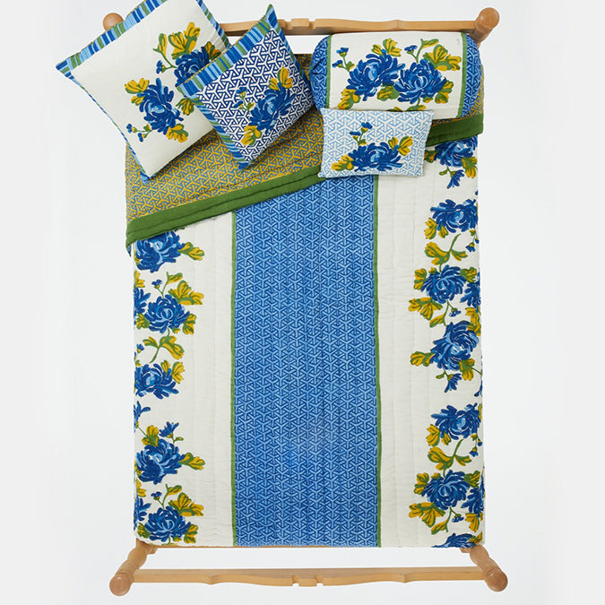 Lisa Corti Vienna Blue Cream Floral Cotton Block Print Quilt at Collyer&#39;s Mansion