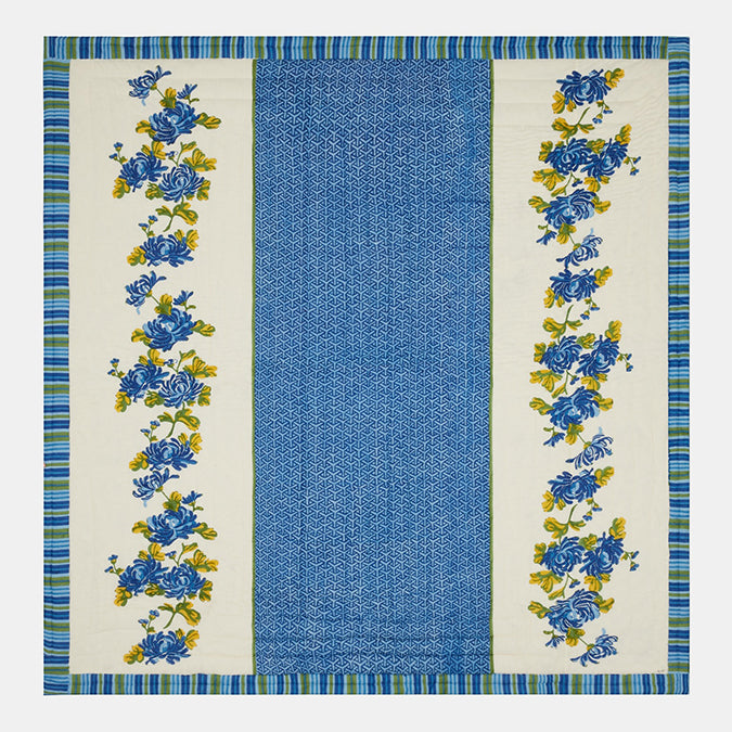 Lisa Corti Vienna Blue Cream Floral Cotton Block Print Quilt at Collyer&#39;s Mansion