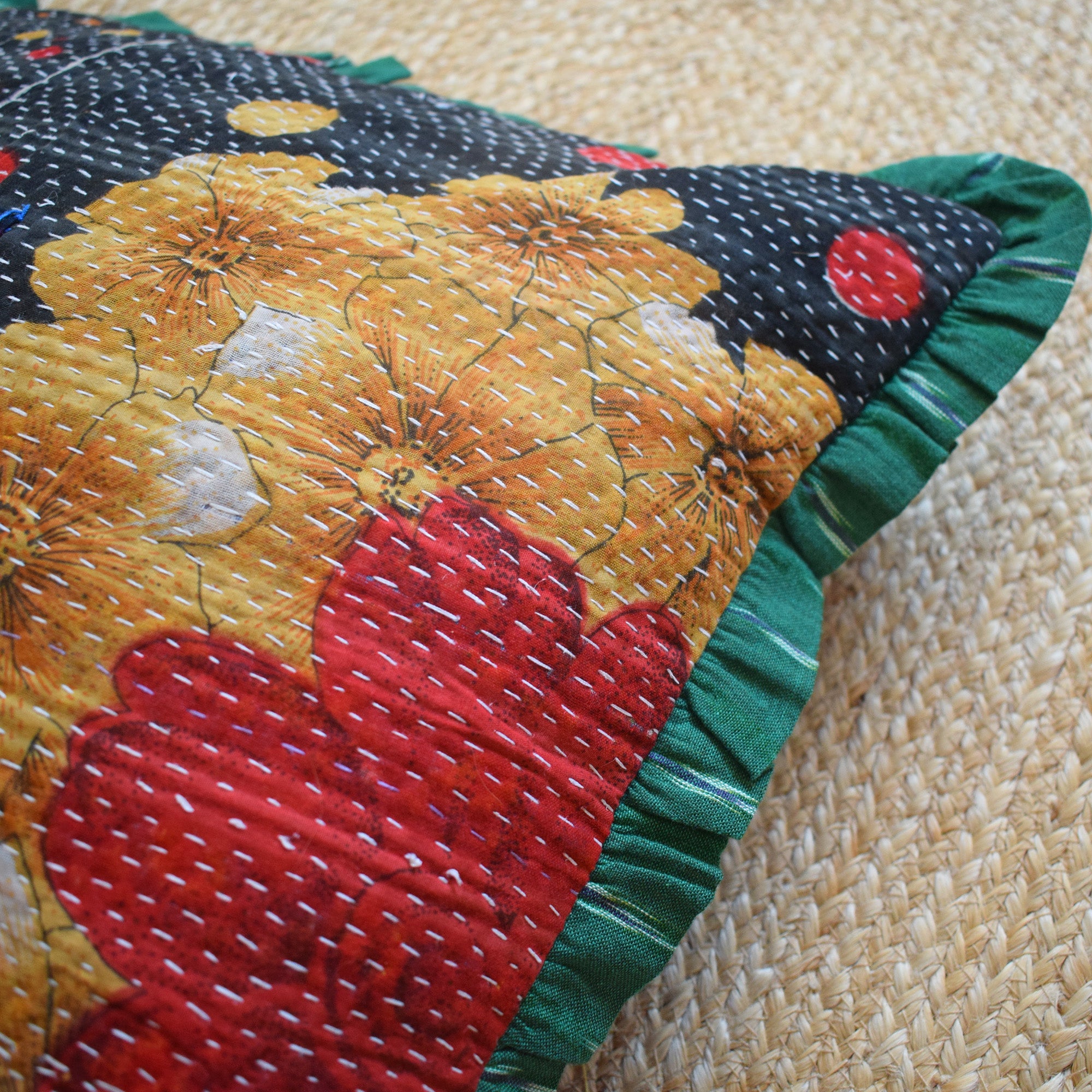 Vintage Kantha and Ikat Square Pillow in Black Gold Floral