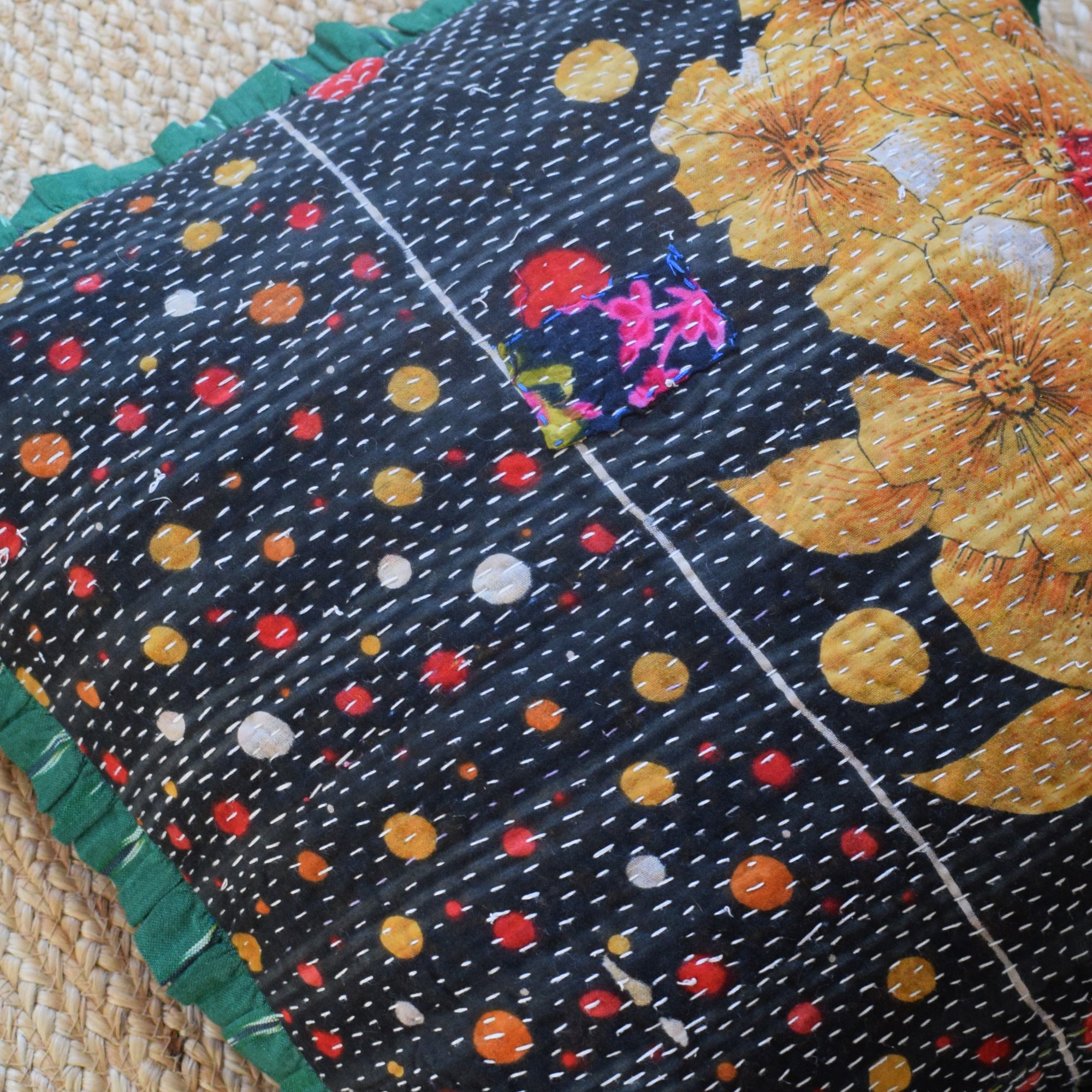 Vintage Kantha and Ikat Square Pillow in Black Gold Floral