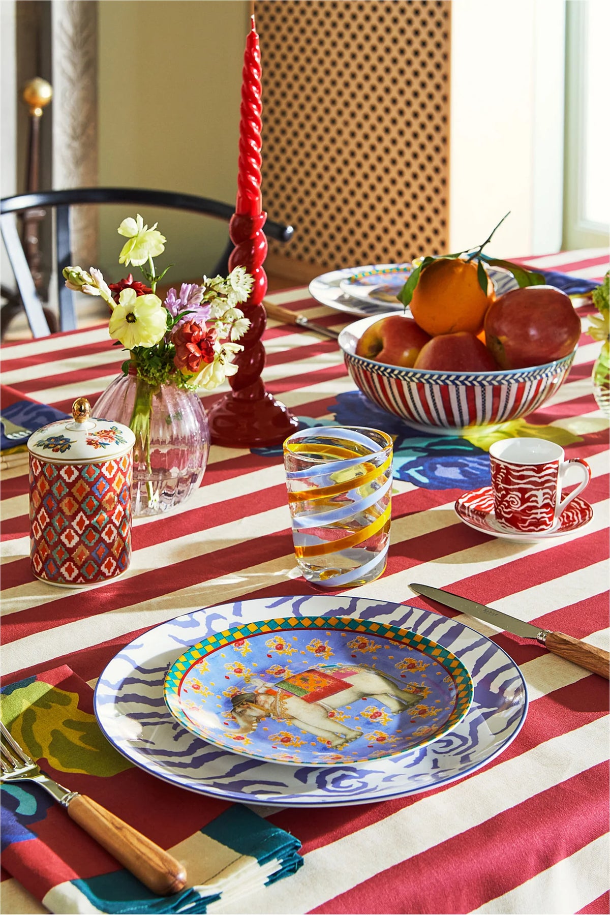 Nizam Stripes Red Natural Cotton Tablecloth in Large Square