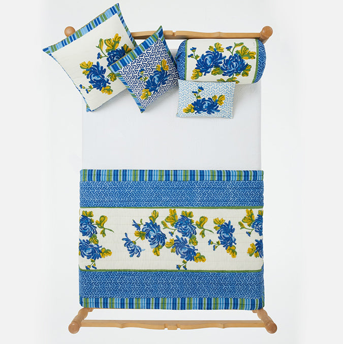 Lisa Corti Vienna Blue Cream Throw Junior Quilt Block Print Cotton Quilt at Collyer&#39;s Mansion