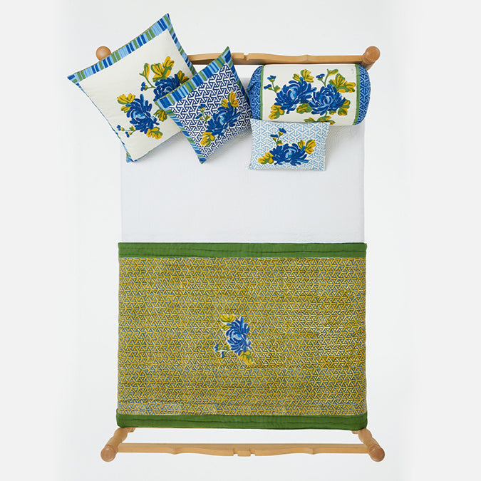Lisa Corti Vienna Blue Cream Throw Junior Quilt Block Print Cotton Quilt at Collyer&#39;s Mansion