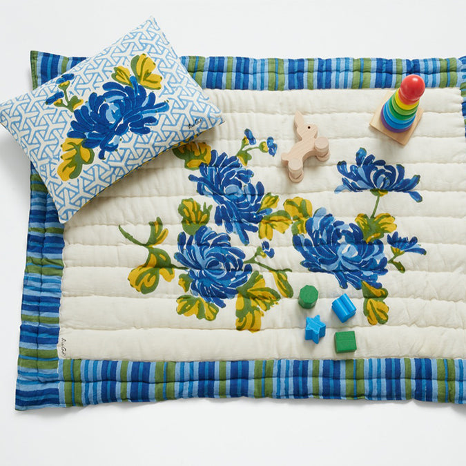 Lisa Corti Vienna Blue Cream Baby Quilt Blockprint Floral Nursery Quilt at Collyer&#39;s Mansion