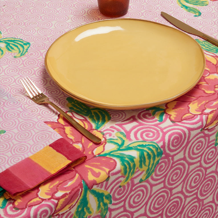 Lisa Corti Camelia Pink Magenta Cotton Blockprint Tablecloth at Collyer&#39;s Mansion