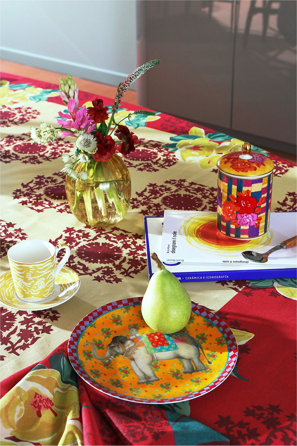 Planet Cream Red Cotton Tablecloth in Large Square