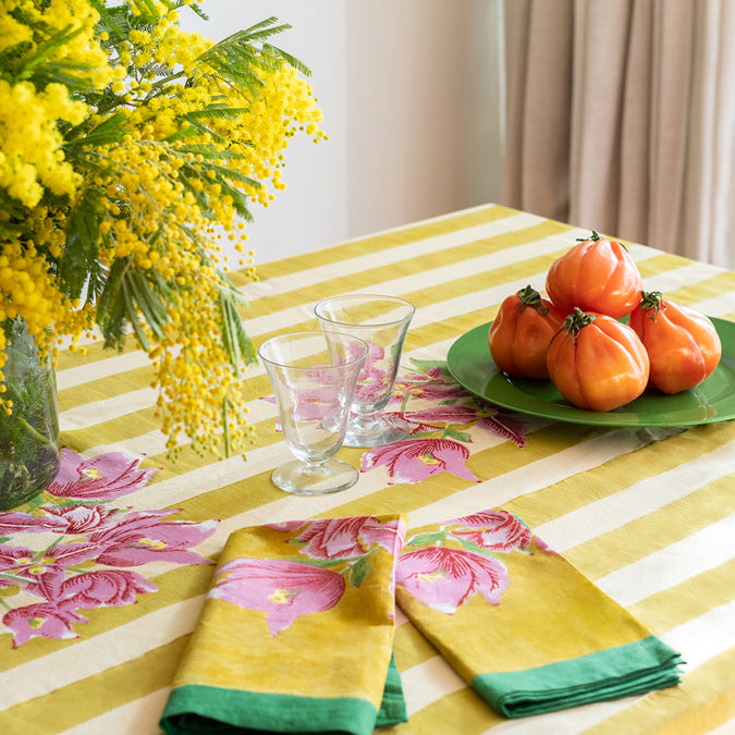Lisa Corti Bouganville Stripe White Mustard Yellow Block print cotton tablecloth for colorful tablescape at Collyer&#39;s Mansion
