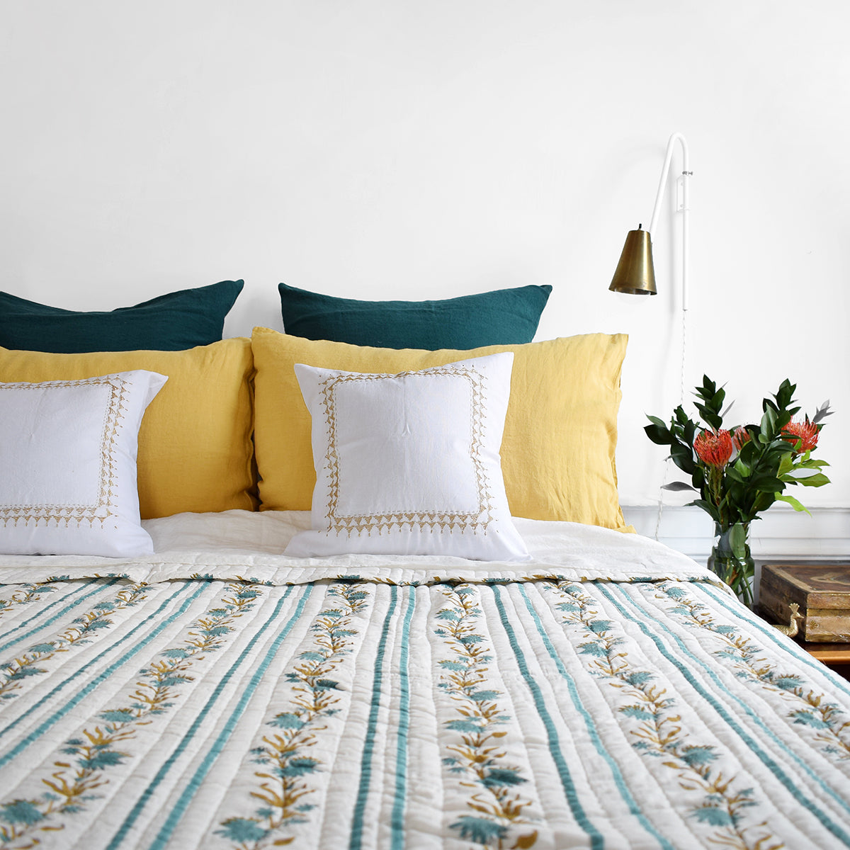 Linge Particulier Vintage Green Euro Linen Pillowcase Sham with a block printed quilt and gold pillowcases for a colorful linen bedding look in deep teal green - Collyer&#39;s Mansion