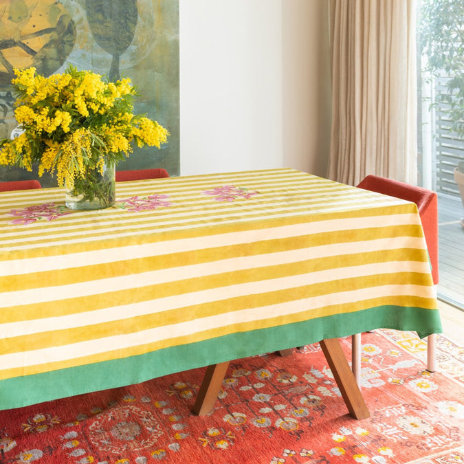 Lisa Corti Bouganville Stripe White Mustard Yellow Block print cotton tablecloth for colorful tablescape at Collyer&#39;s Mansion