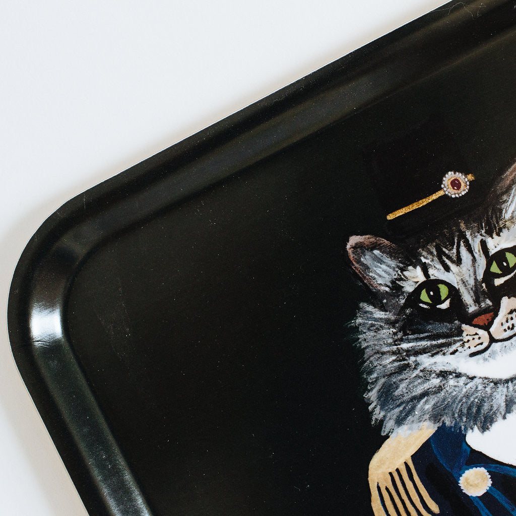 Rectangle designer tray in Scandinavian tray style with a black background and cat portrait for dining or home decor - Collyer&#39;s Mansion