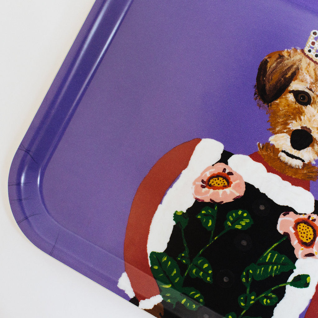 Rectangle designer tray in Scandinavian tray style with a purple background and dog portrait for dining or home decor - Collyer's Mansion
