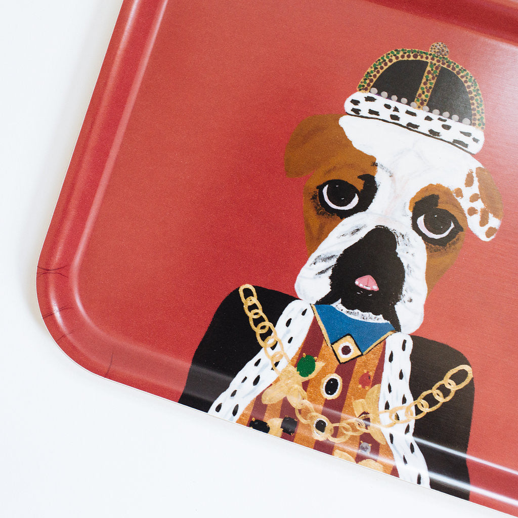 Rectangle designer tray in Scandinavian tray style with a red background and dog portrait for dining or home decor - Collyer&#39;s Mansion