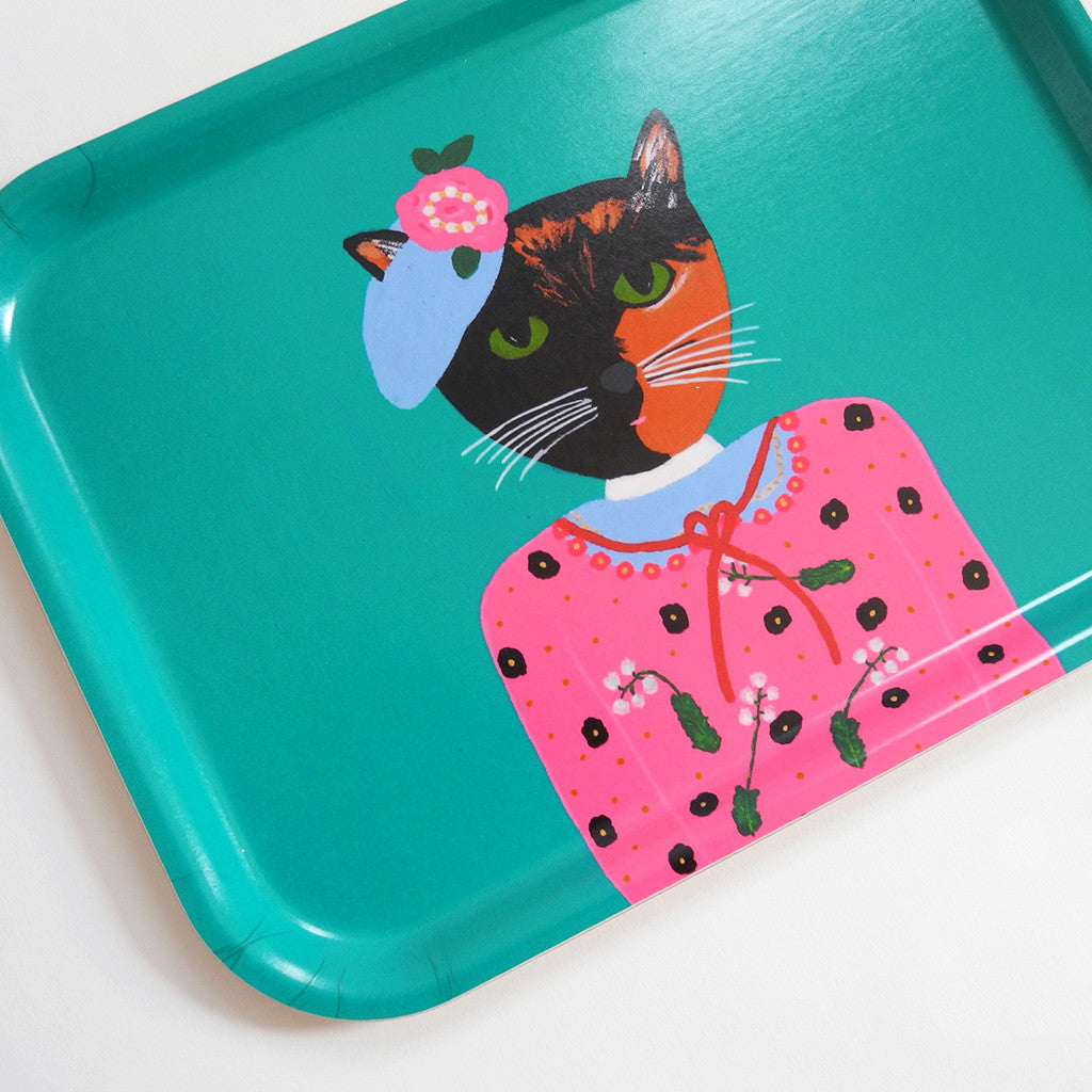 Rectangle designer tray in Scandinavian tray style with a teal background and tortoiseshell cat portrait for dining or home decor - Collyer&#39;s Mansion