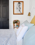 Linge Particulier Pale Blue Standard Linen Pillowcase Sham with a quilt and gold pillowcases for a colorful linen bedding look in light blue - Collyer's Mansion