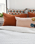 Linge Particulier Sienna Orange Standard Linen Pillowcase Sham with stitched Indian quilt and embroidered pillow for a colorful linen bedding look in burnt orange - Collyer's Mansion