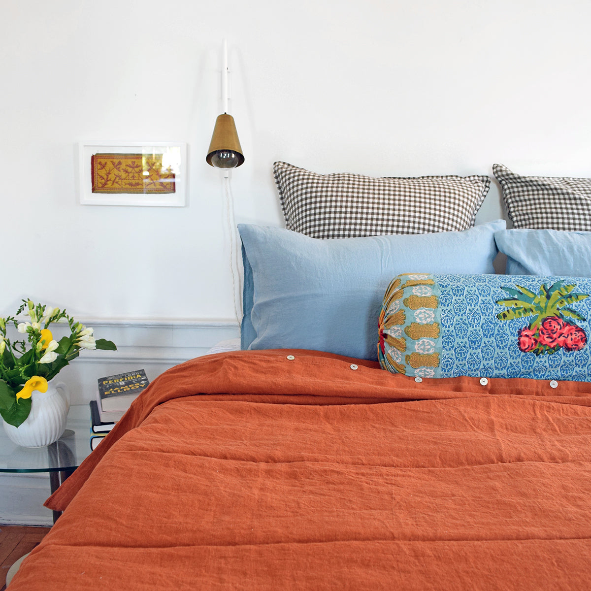 A Linge Particulier Linen Duvet in Sienna gives a orange and rust color to this duvet for a colorful linen bedding look from Collyer&#39;s Mansion