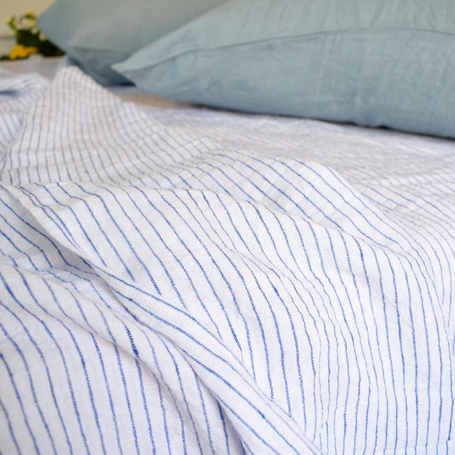 Linen Flat Sheet, atlantic blue stripe