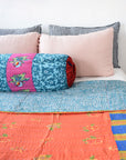 Linge Particulier Anthracite Gingham Standard Linen Pillowcase Sham with a Lisa Corti Gudri kantha quilt and nude pink pillowcases for a colorful linen bedding look in dark check gingham - Collyer's Mansion