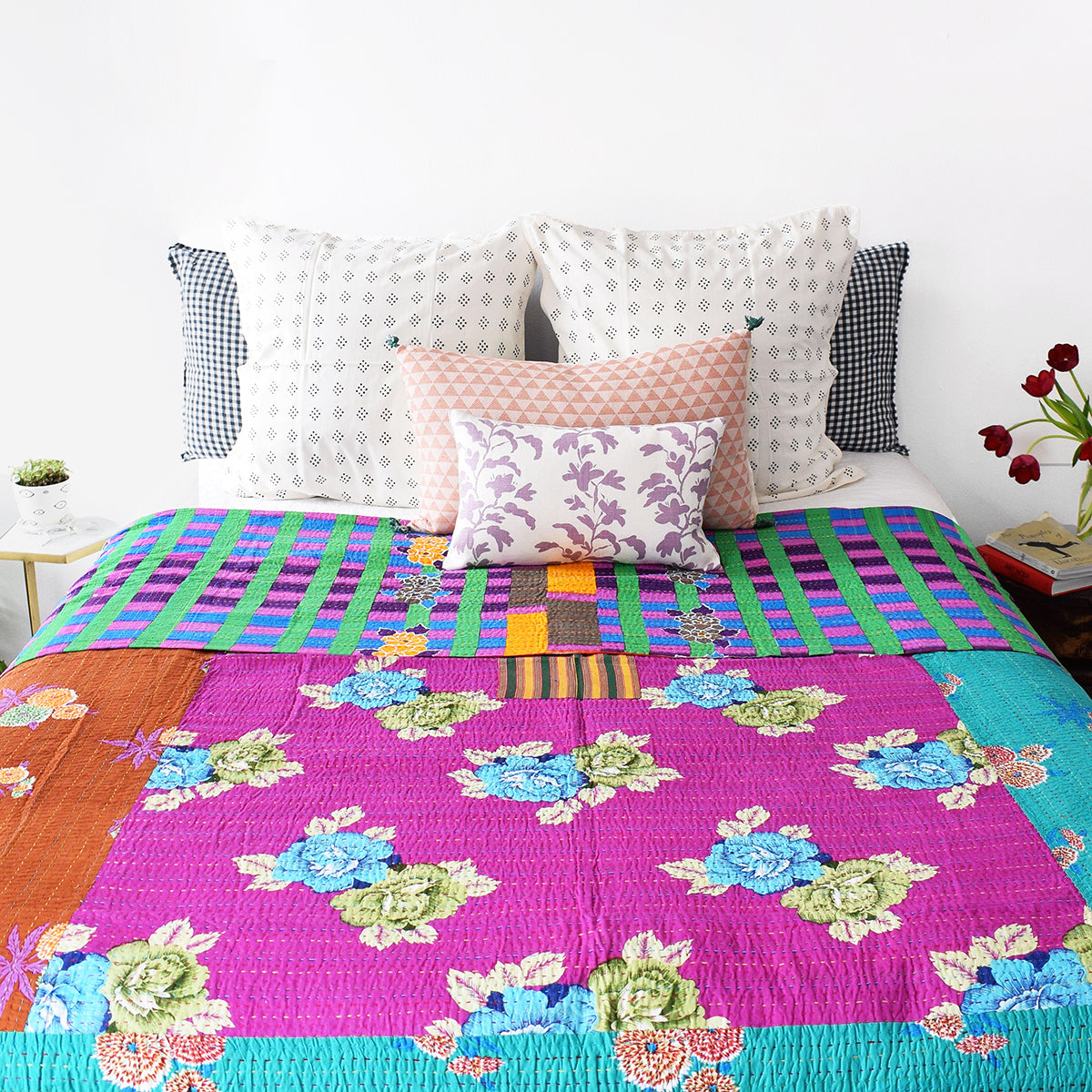 Linge Particulier Anthracite Gingham Standard Linen Pillowcase Sham with a Lisa Corti Gudri kantha quilt for a colorful linen bedding look in dark check gingham - Collyer&#39;s Mansion