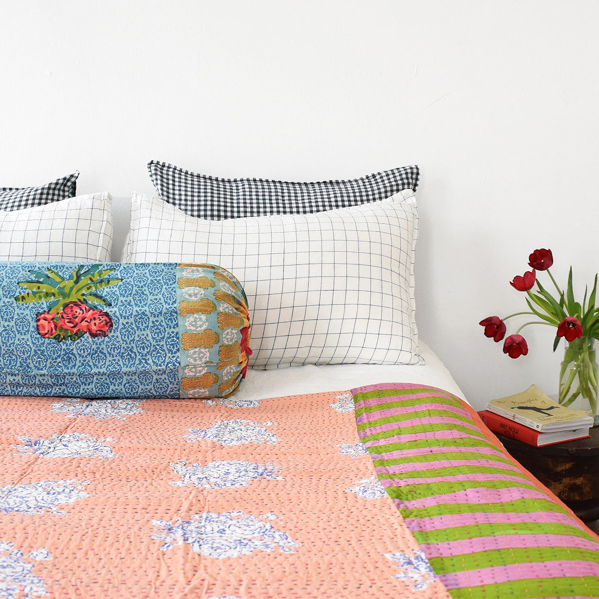 Linge Particulier Navy Check Standard Linen Pillowcase Sham with Lisa Corti gudri kantha quilt and Lisa Corti pillow for a colorful linen bedding look in blue check - Collyer&#39;s Mansion