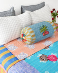 Linge Particulier Anthracite Gingham Standard Linen Pillowcase Sham with a Lisa Corti Gudri kantha quilt and Lisa Corti bolster pillow for a colorful linen bedding look in dark check gingham - Collyer's Mansion