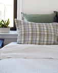 Linge Particulier Hanky Green Plaid Standard Linen Pillowcase Sham with stitched Indian quilt and green euro shams for a colorful linen bedding look in olive check pattern - Collyer's Mansion