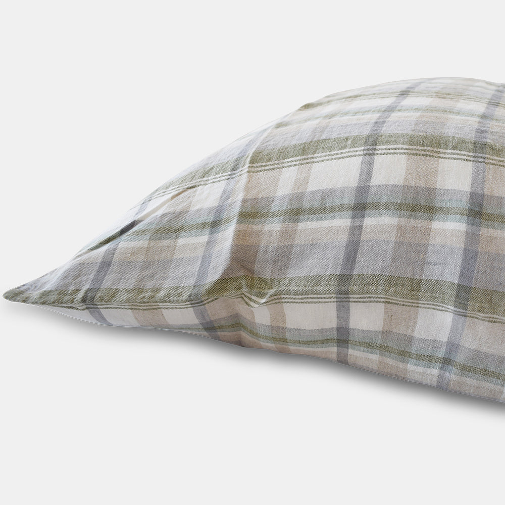 Linge Particulier Hanky Green Plaid Standard Linen Pillowcase Sham for a colorful linen bedding look in olive check pattern - Collyer&#39;s Mansion