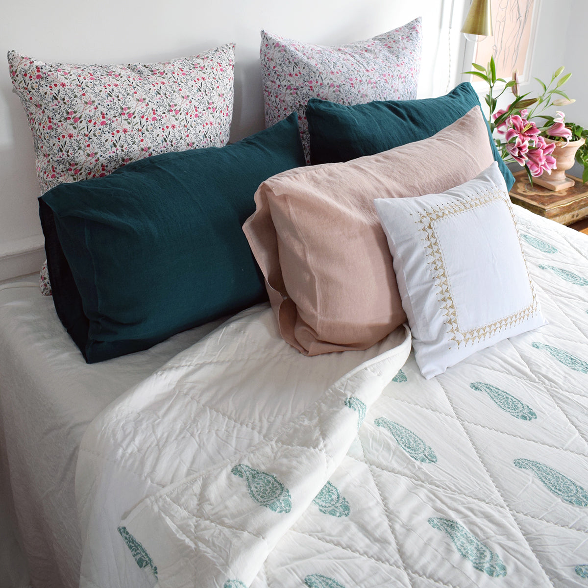 Linge Particulier Vintage Green Standard Linen Pillowcase Sham with a block printed quilt for a colorful linen bedding look in deep teal green - Collyer&#39;s Mansion