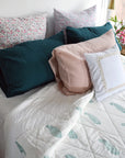 Linge Particulier Vintage Green Standard Linen Pillowcase Sham with a block printed quilt for a colorful linen bedding look in deep teal green - Collyer's Mansion