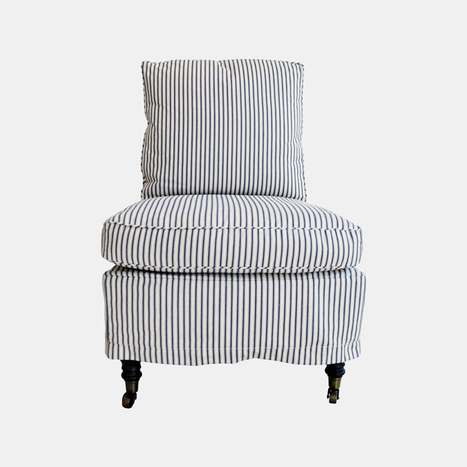 Clara Chair Slipcovered in French Ticking Indigo