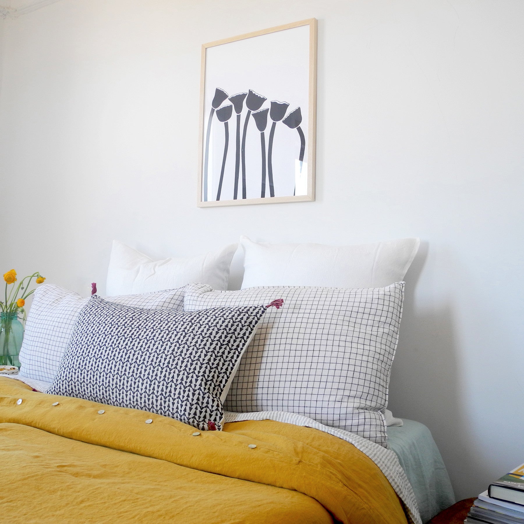 Linge Particulier Off White Euro Linen Pillowcase Sham with a honey yellow linen duvet for a colorful linen bedding look in soft white - Collyer&#39;s Mansion