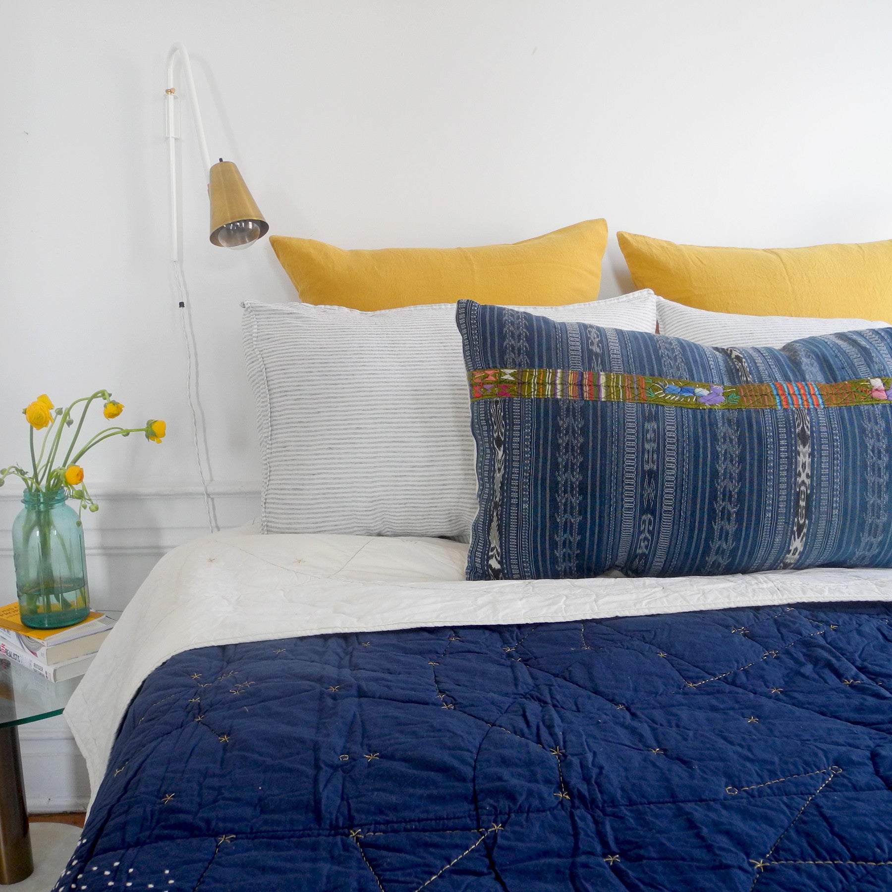Linge Particulier Honey Yellow Euro Linen Pillowcase Sham with a Haptic Lab constellation quilt for a colorful linen bedding look in mustard yellow - Collyer&#39;s Mansion