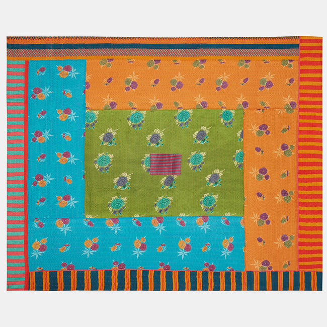 Big Dahlia Acid Green Gudri Bed Cover, queen/king