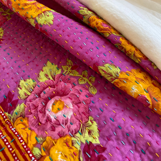 Tiger Flower Mashroo Stripes Gudri Bed Cover, queen/king