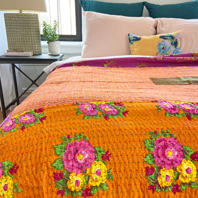 Tiger Flower Mashroo Stripes Gudri Bed Cover, queen/king
