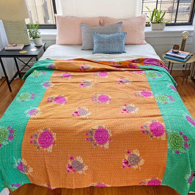 Tiger Flower Mashroo Stripes Gudri Bed Cover, queen/king