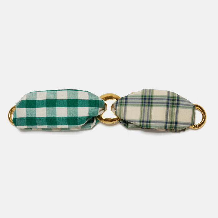 Lizzie Fortunato Jane Bracelet in Green Plaid fabric and gold plated brass is great for chic costume statement jewelry - Collyer's Mansion
