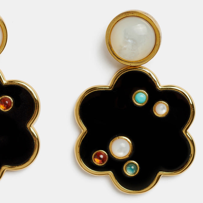 Lizzie Fortunato Poppy Earrings with gold plated brass enamel and pearl are great earrings for chic costume statement jewelry - Collyer's Mansion